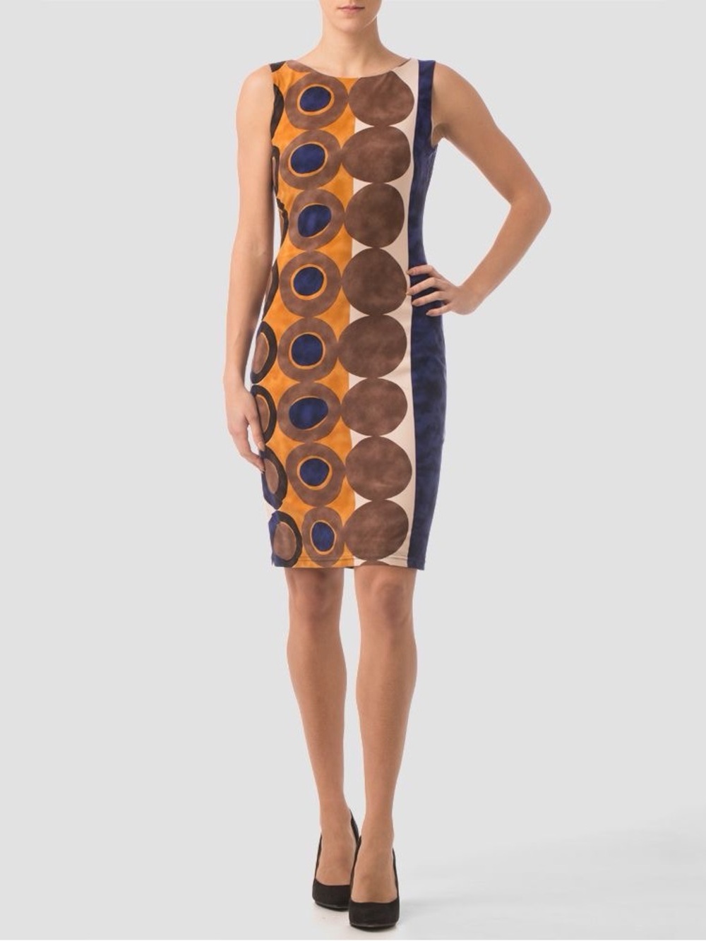 Joseph Ribkoff Navy, Brown and Tan Geometric Midi Sheath Dress